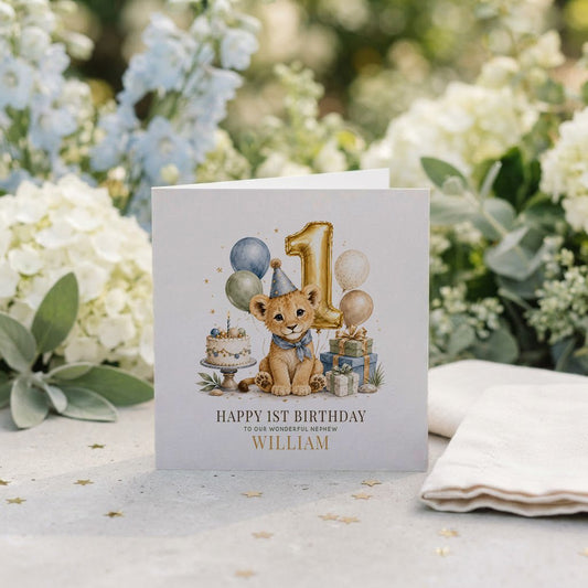 Happy 1st Birthday Nephew Card | Personalized Lion Cub - Pretty Gifted