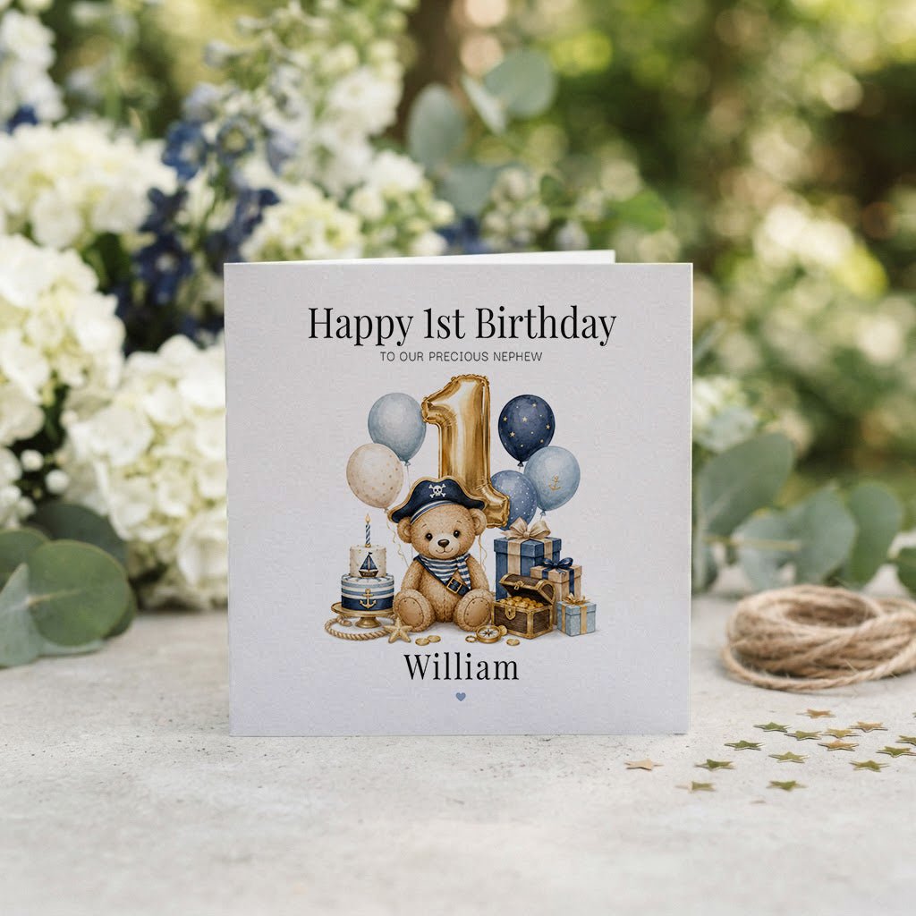 Happy 1st Birthday Nephew Card | Personalized Pirate Bear - Pretty Gifted