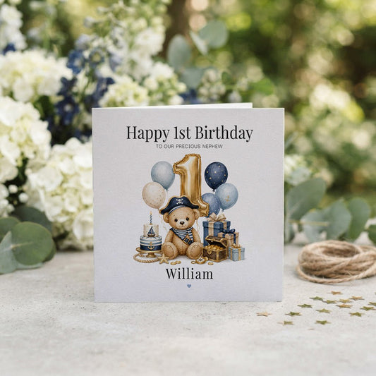 Happy 1st Birthday Nephew Card | Personalized Pirate Bear - Pretty Gifted