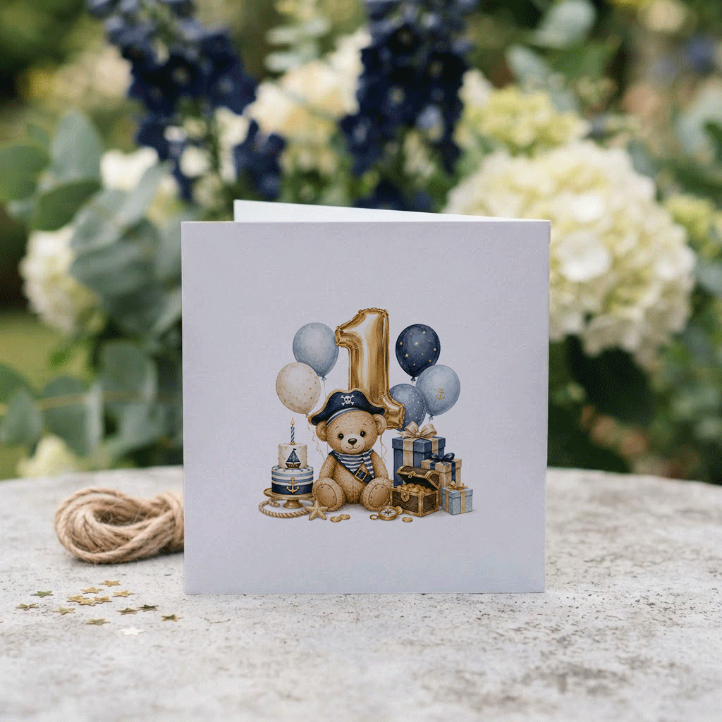 Happy 1st Birthday Nephew Card | Personalized Pirate Bear - Pretty Gifted