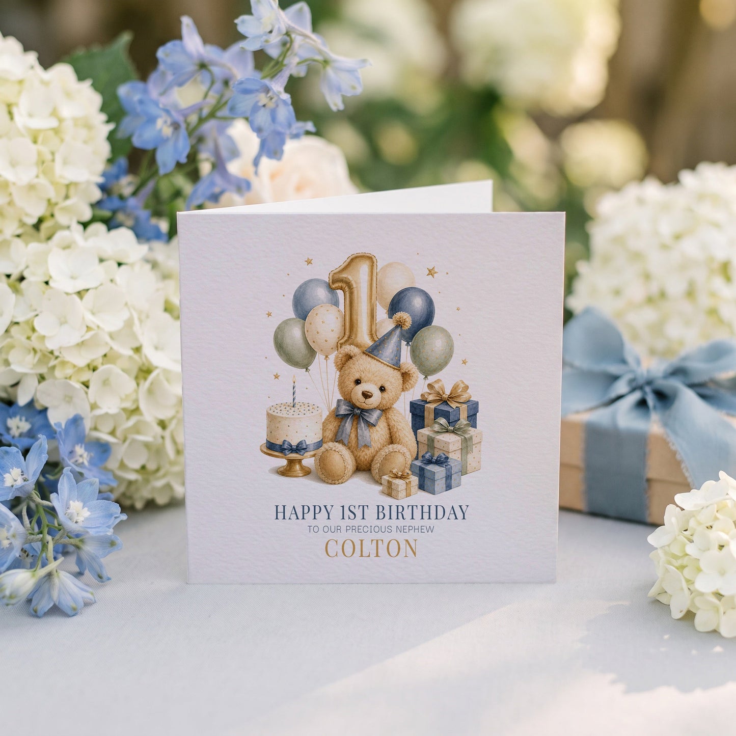 Happy 1st Birthday Nephew Card | Personalized Teddy Bear - Pretty Gifted