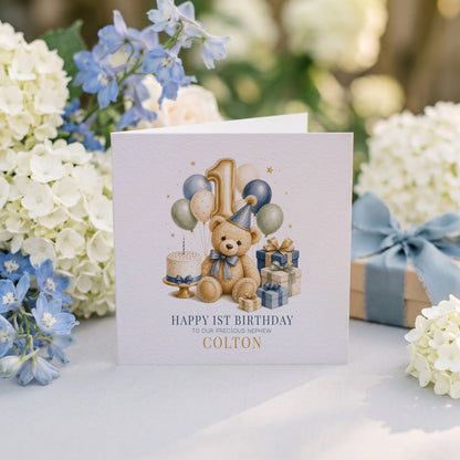 Happy 1st Birthday Nephew Card | Personalized Teddy Bear - Pretty Gifted
