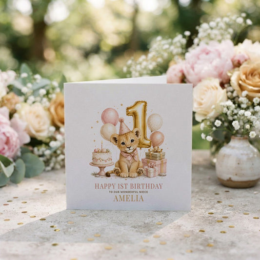 Happy 1st Birthday Niece Card | Personalized Lion Cub - Pretty Gifted