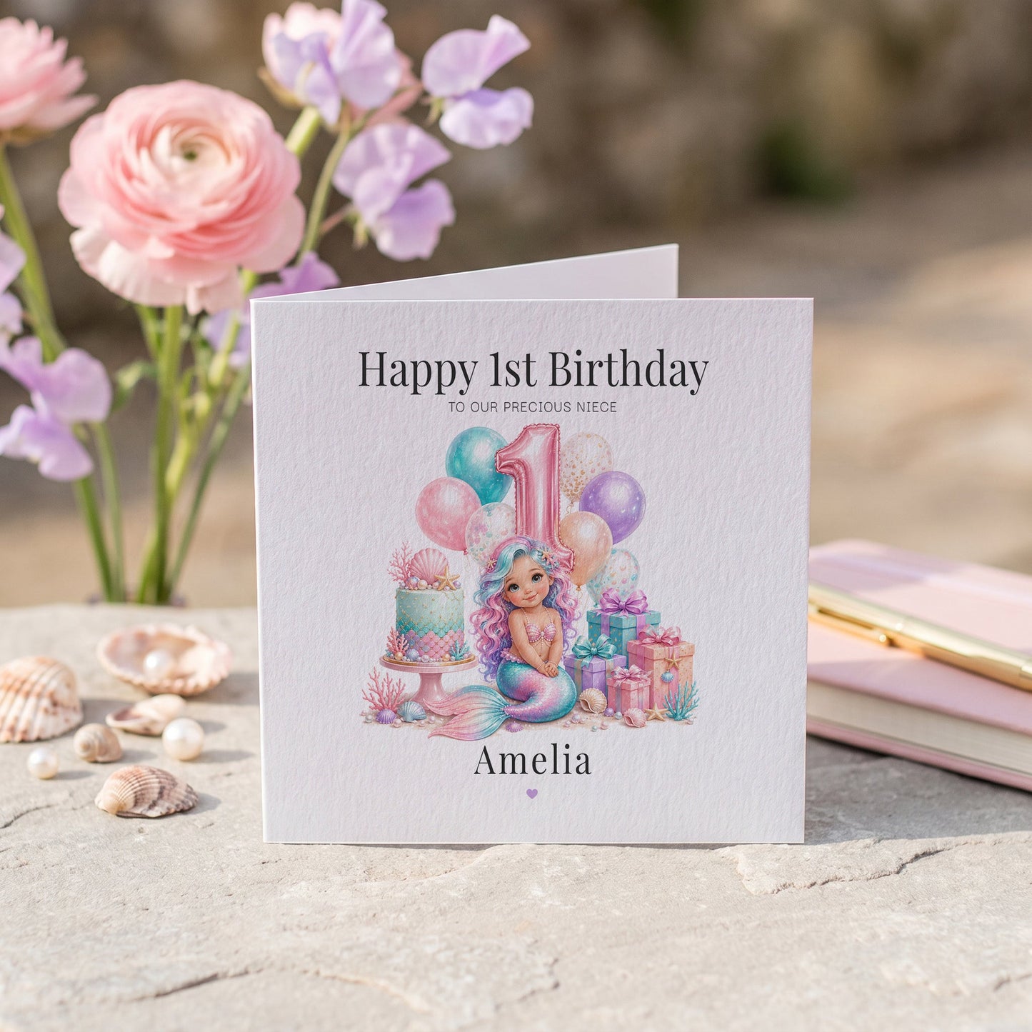 Happy 1st Birthday Niece Card | Personalized Mermaid - Pretty Gifted