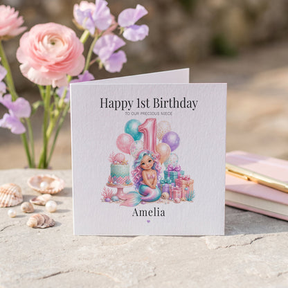 Happy 1st Birthday Niece Card | Personalized Mermaid - Pretty Gifted
