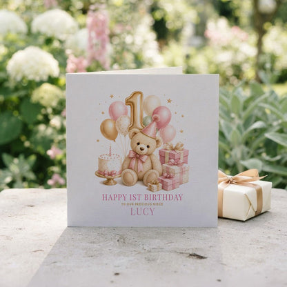 Happy 1st Birthday Niece Card | Personalized Teddy Bear - Pretty Gifted