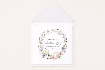 Happy First Mother's Day Card, Wildflower Wreath New Mom - Pretty Gifted