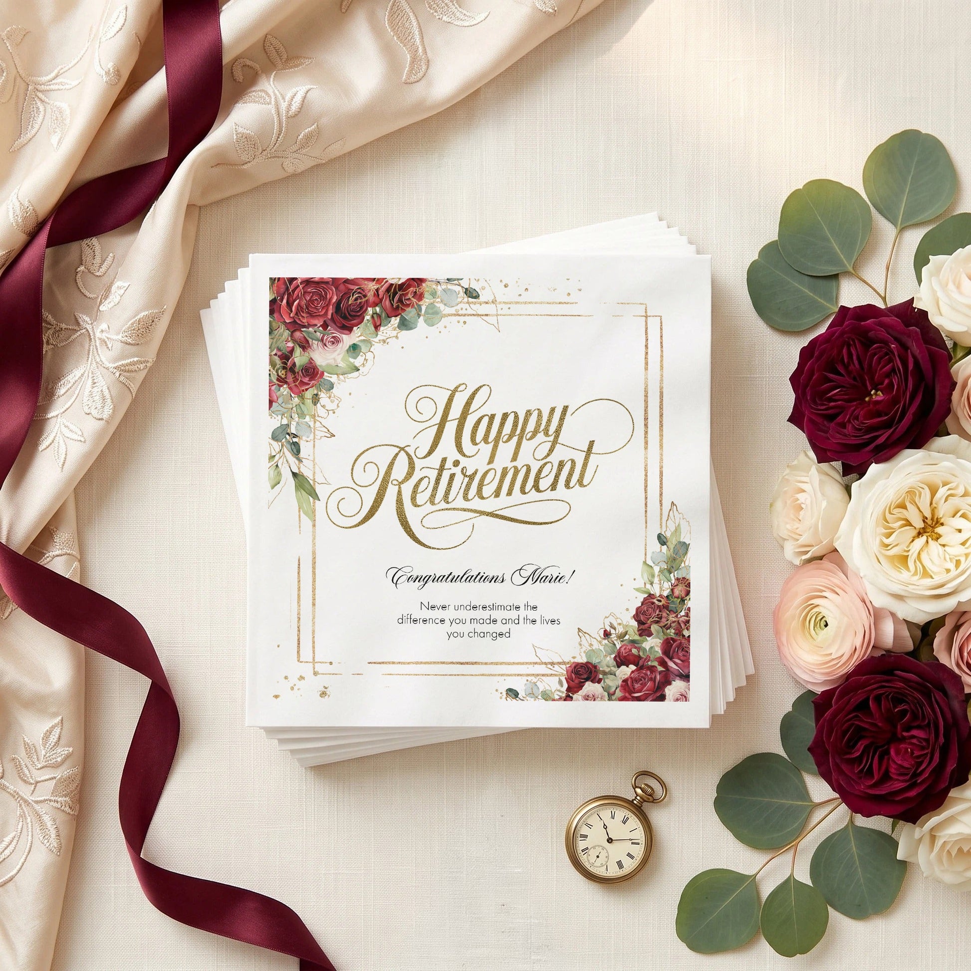 Happy Retirement Napkins, Burgundy Rose Personalized - Pretty Gifted