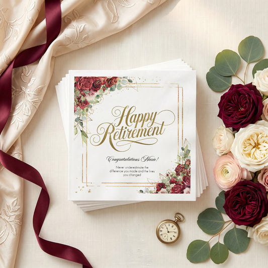 Happy Retirement Napkins, Burgundy Rose Personalized - Pretty Gifted