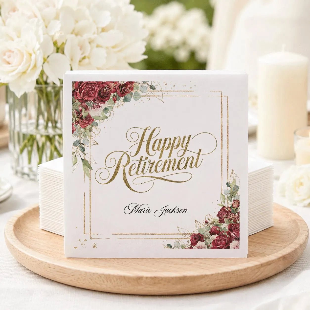 Happy Retirement Napkins, Burgundy Rose Personalized - Pretty Gifted