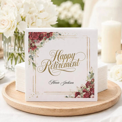 Happy Retirement Napkins, Burgundy Rose Personalized - Pretty Gifted