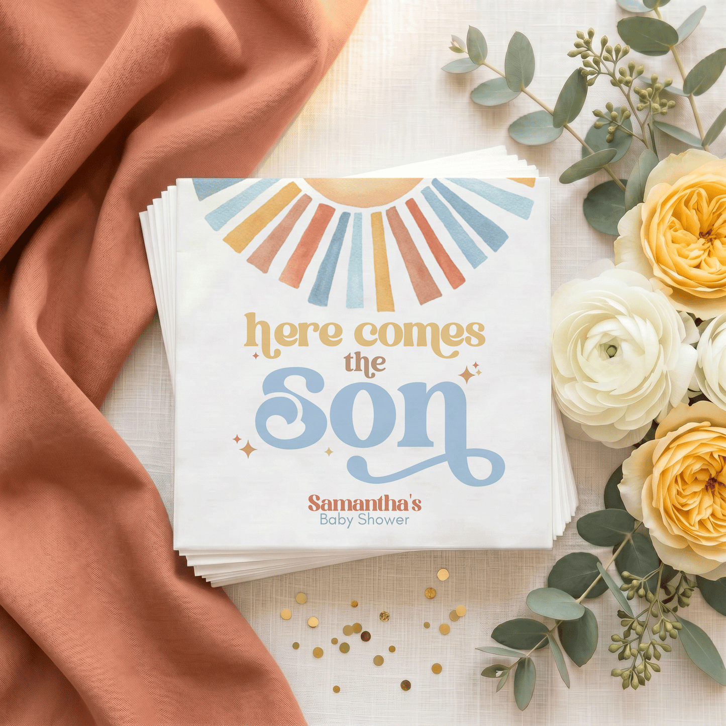 Here Comes the Son Baby Shower Napkins, Personalized Boy - Pretty Gifted
