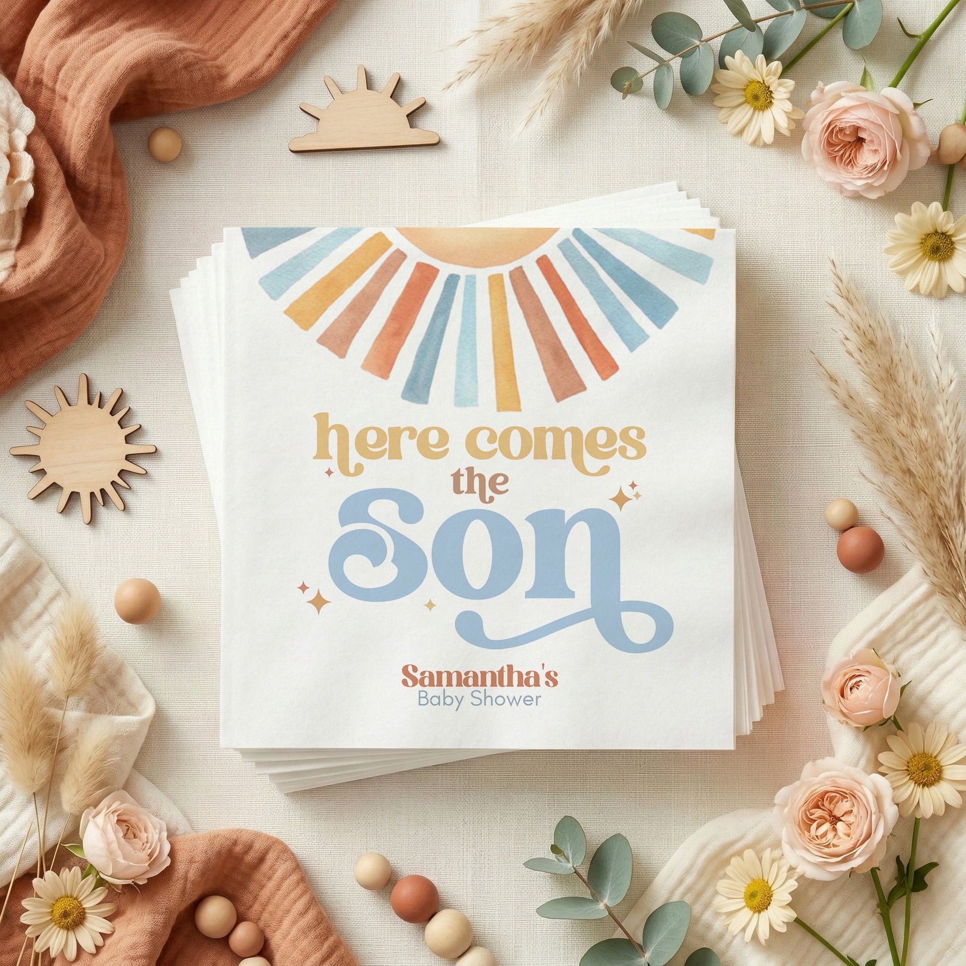 Here Comes the Son Napkins, Boho Boy Baby Shower Supplies - Pretty Gifted