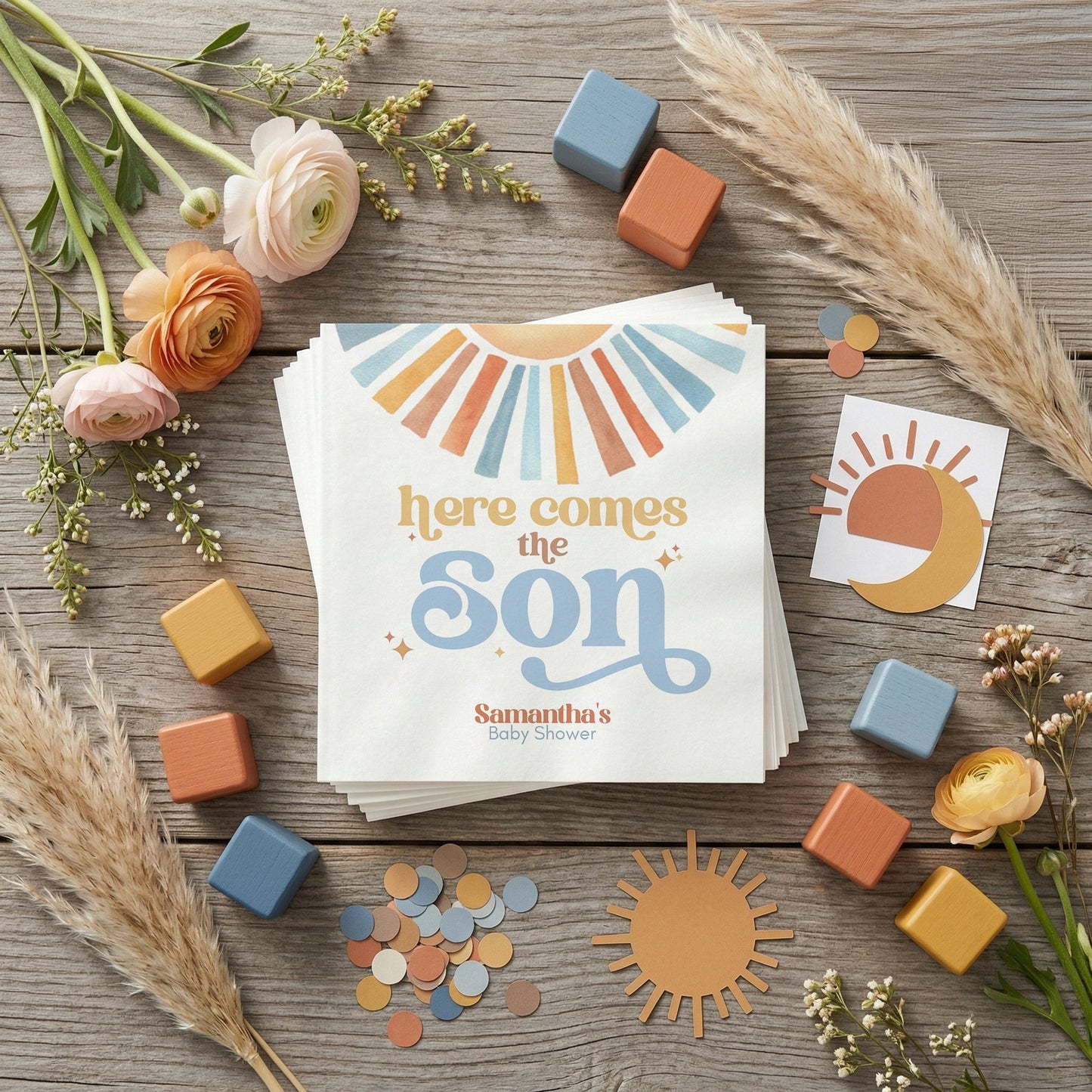 Here Comes the Son Napkins, Boho Boy Baby Shower Supplies - Pretty Gifted