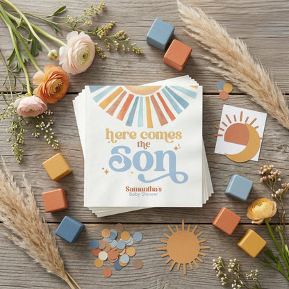 Here Comes the Son Napkins, Boho Boy Baby Shower Supplies - Pretty Gifted