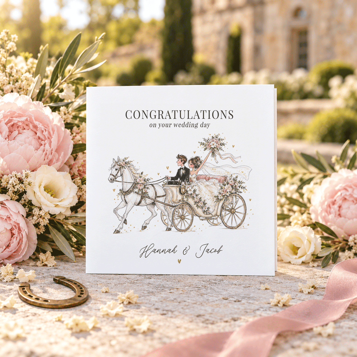 Horse and Carriage Wedding Card with Personalized Names - Pretty Gifted