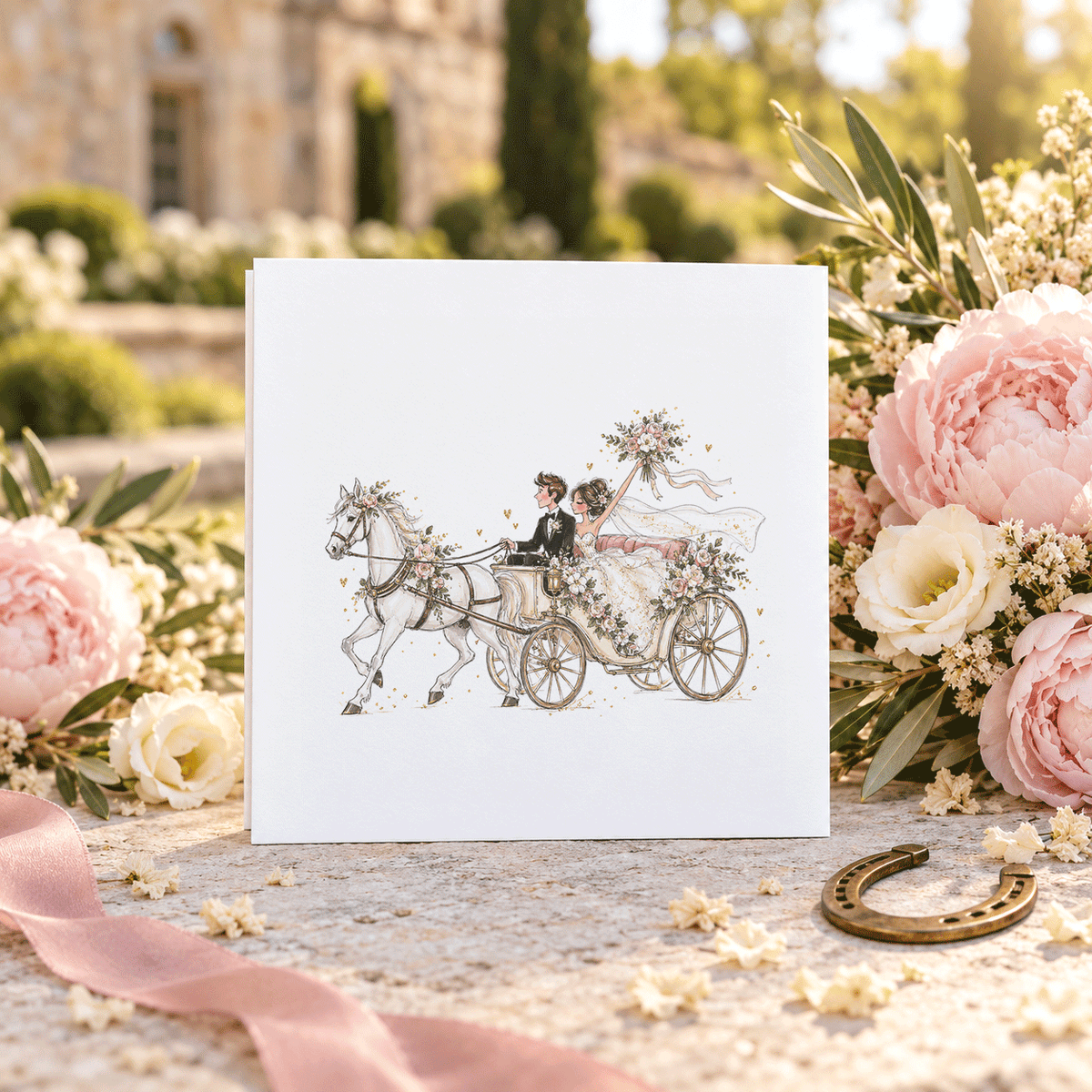 Horse and Carriage Wedding Card with Personalized Names - Pretty Gifted