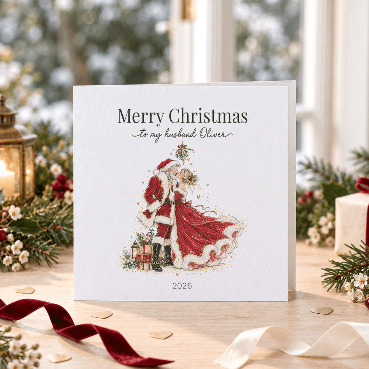 Husband Christmas Card with Name, Romantic Mistletoe Kiss - Pretty Gifted