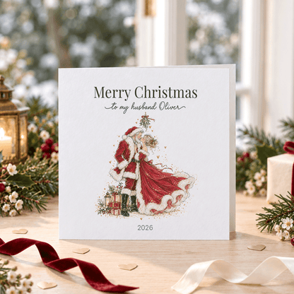 Husband Christmas Card with Name, Romantic Mistletoe Kiss - Pretty Gifted