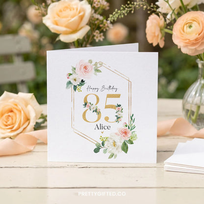 Personalized 85th Birthday Card with Blush Rose Gold Hexagon Frame