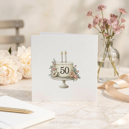 Personalized 50th Birthday Card with Watercolor Blush Floral Cake