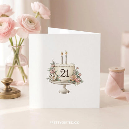 Personalized 21st Birthday Card with Watercolor Blush Floral Cake