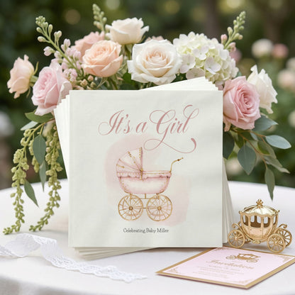 It's a Girl Napkins, Pink Carriage Girl Baby Shower - Pretty Gifted
