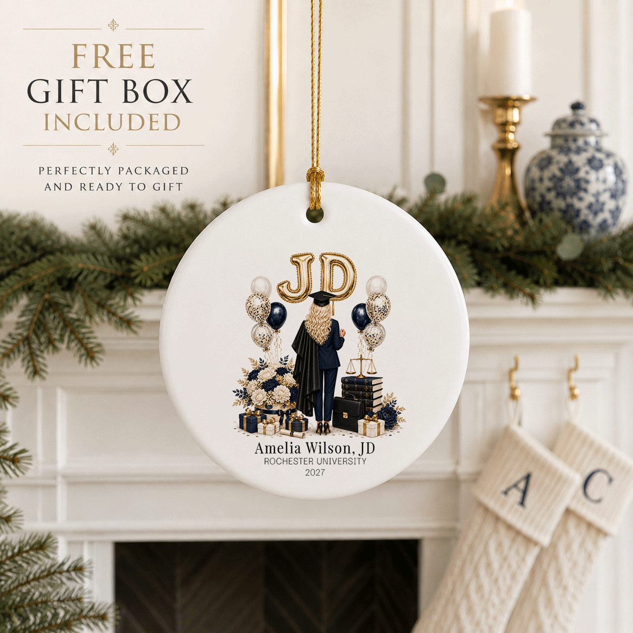 JD Graduation Ornament, Personalized Lawyer Keepsake - Pretty Gifted