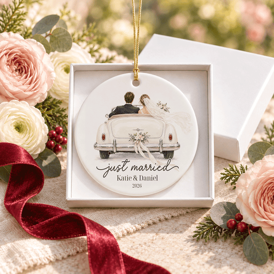 Just Married Car Ornament with Personalized Photo Back - Pretty Gifted