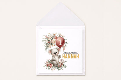 Koala 1st Birthday Card Personalized, Granddaughter Floral Gift - Pretty Gifted