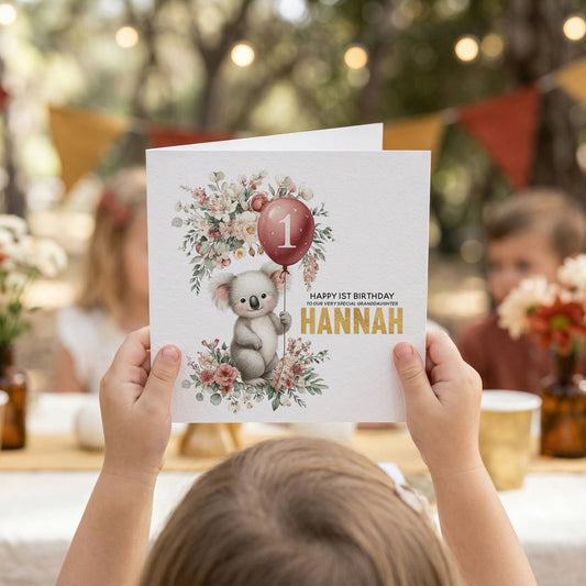 Koala 1st Birthday Card Personalized, Granddaughter Floral Gift - Pretty Gifted
