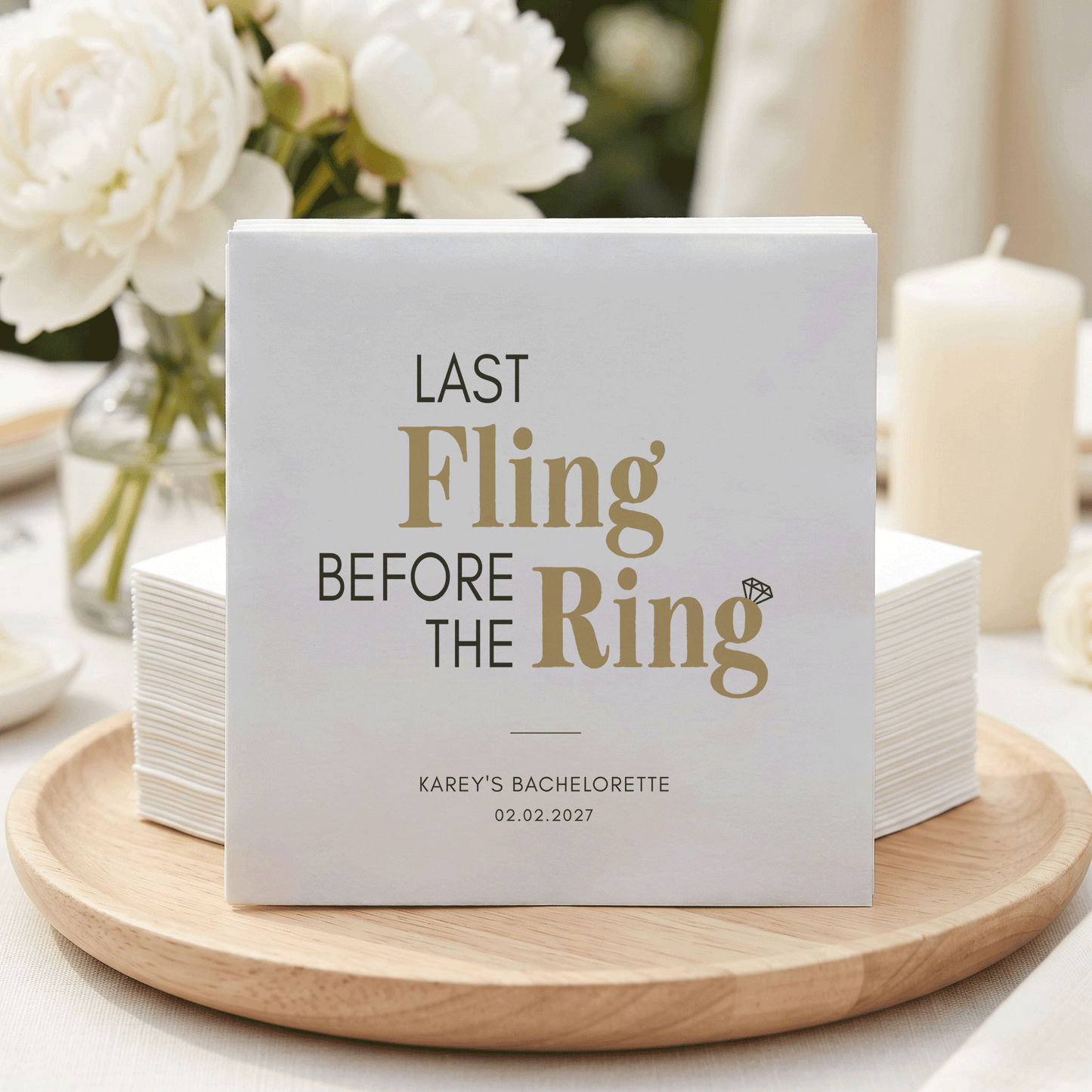 Last Fling Before the Ring Napkins – Black and Gold Bachelorette Napkins - Pretty Gifted
