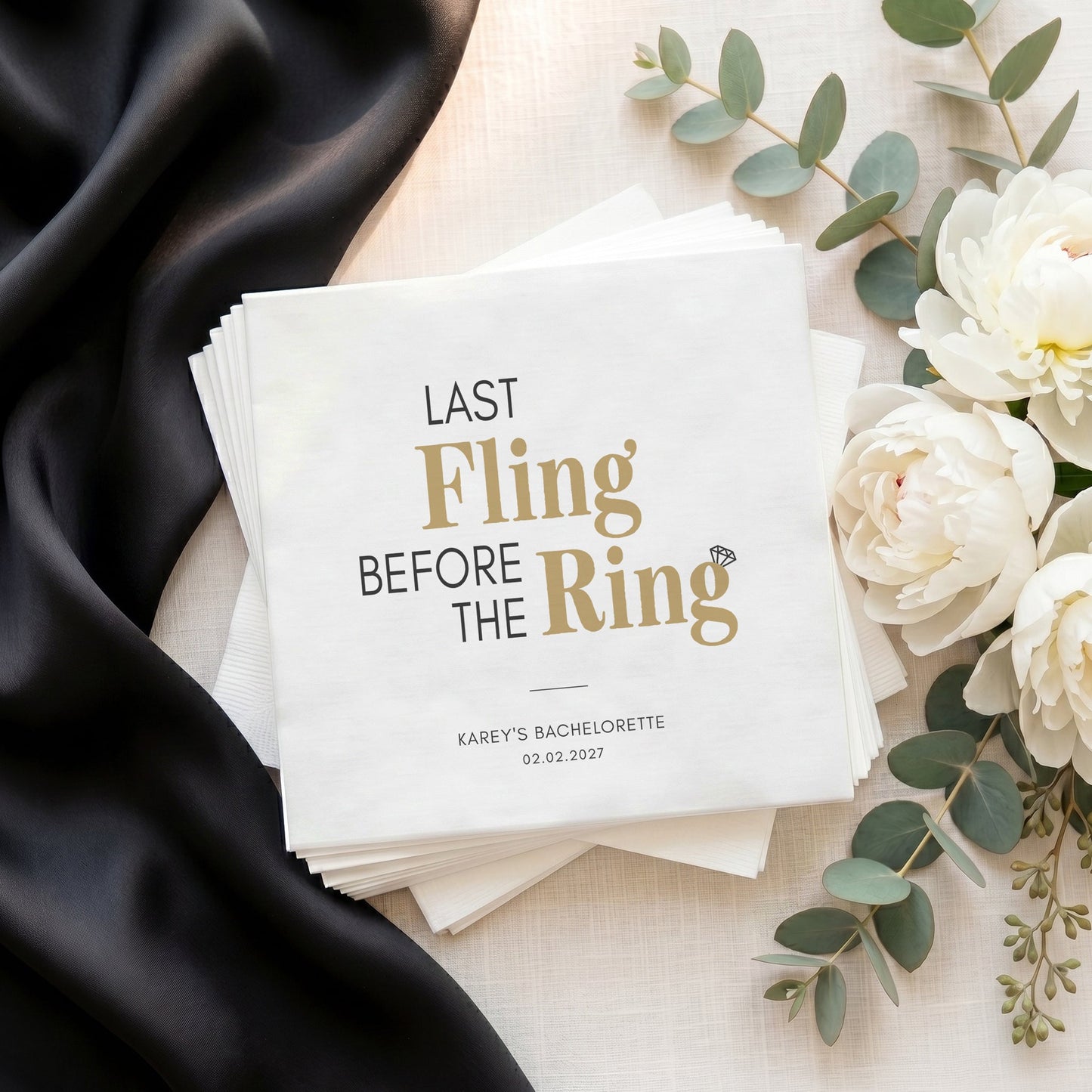 Last Fling Before the Ring Napkins – Black and Gold Bachelorette Napkins - Pretty Gifted