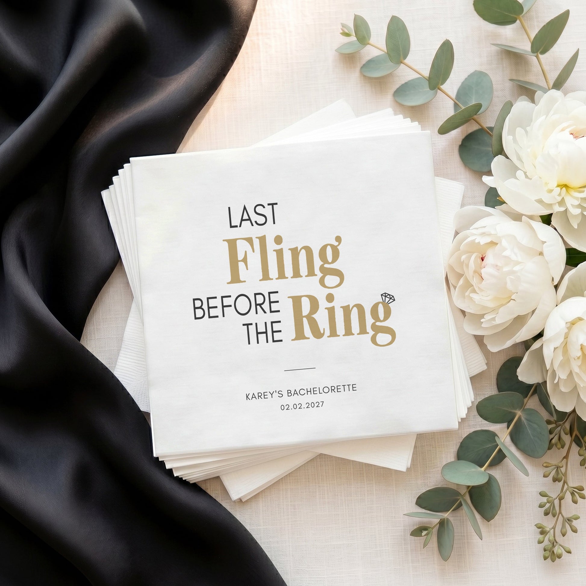 Last Fling Before the Ring Napkins – Black and Gold Bachelorette Napkins - Pretty Gifted