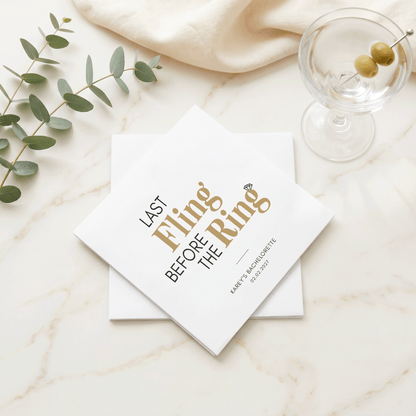 Last Fling Before the Ring Napkins – Black and Gold Bachelorette Napkins - Pretty Gifted