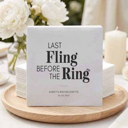 Last Fling Before the Ring Napkins – Black Minimalist Bachelorette Napkins - Pretty Gifted