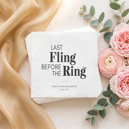 Last Fling Before the Ring Napkins – Black Minimalist Bachelorette Napkins - Pretty Gifted