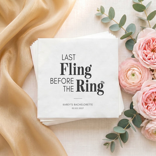 Last Fling Before the Ring Napkins – Black Minimalist Bachelorette Napkins - Pretty Gifted
