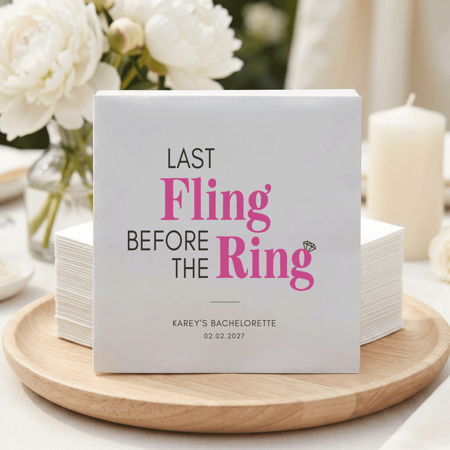 Last Fling Before the Ring Napkins – Hot Pink and Black Bachelorette Napkins - Pretty Gifted