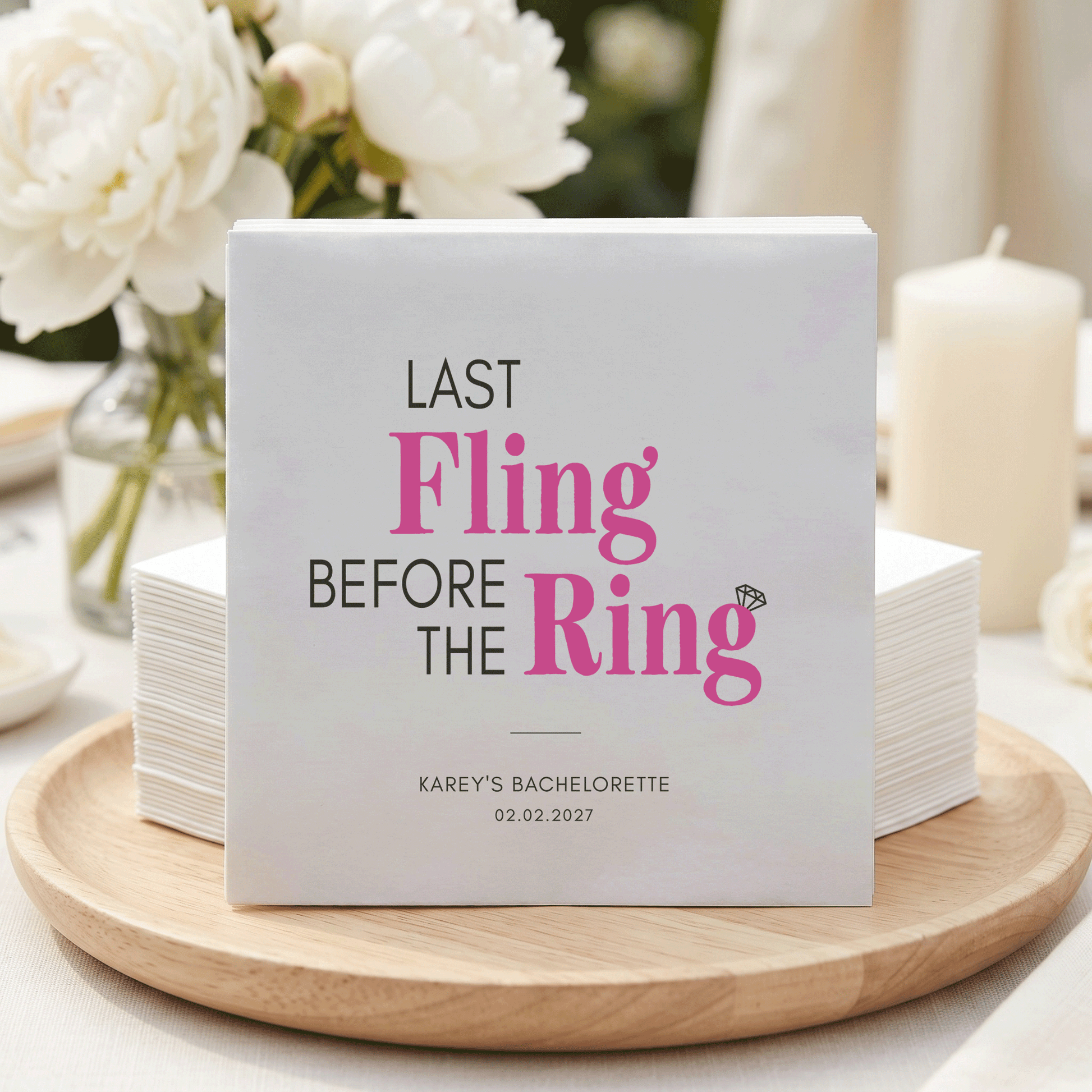 Last Fling Before the Ring Napkins – Hot Pink and Black Bachelorette Napkins - Pretty Gifted