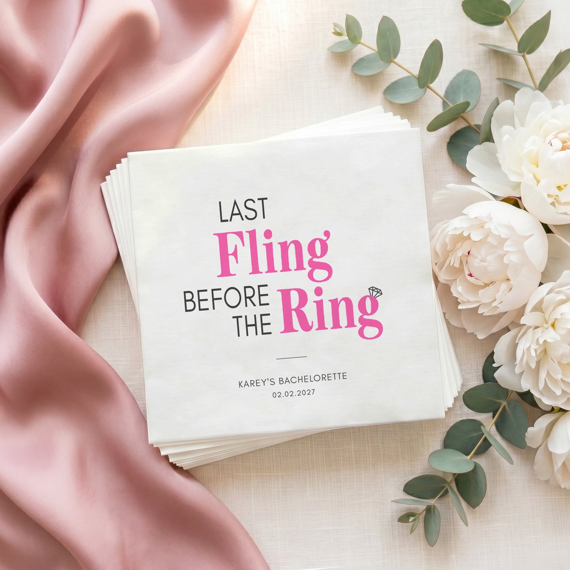 Last Fling Before the Ring Napkins – Hot Pink and Black Bachelorette Napkins - Pretty Gifted
