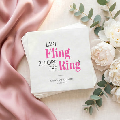 Last Fling Before the Ring Napkins – Hot Pink and Black Bachelorette Napkins - Pretty Gifted