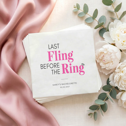 Last Fling Before the Ring Napkins – Hot Pink and Black Bachelorette Napkins - Pretty Gifted