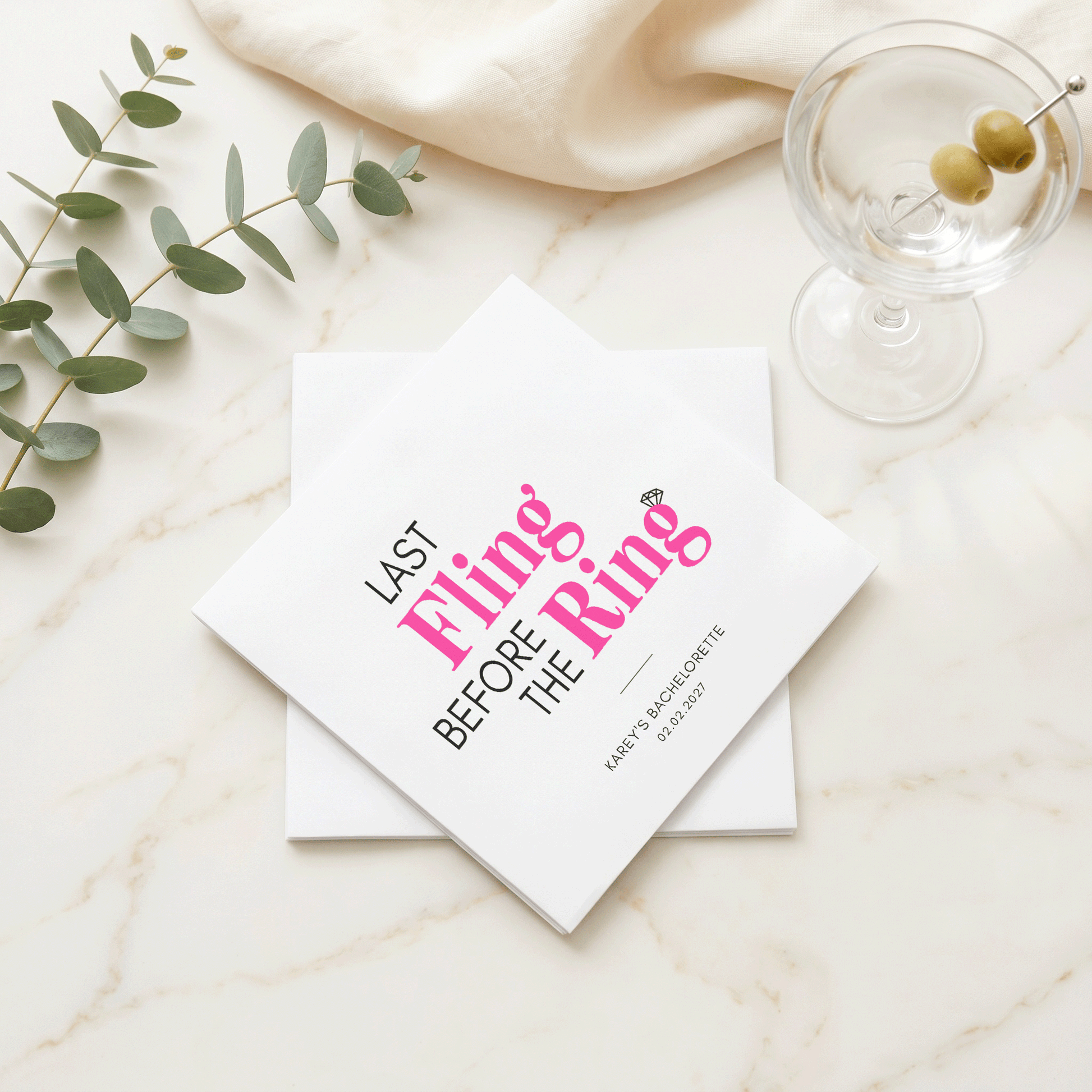 Last Fling Before the Ring Napkins – Hot Pink and Black Bachelorette Napkins - Pretty Gifted