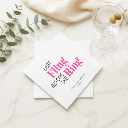 Last Fling Before the Ring Napkins – Hot Pink and Black Bachelorette Napkins - Pretty Gifted