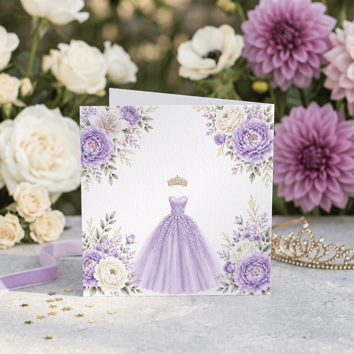 Lavender Floral Ball Gown Quinceañera Card - Pretty Gifted