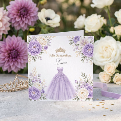 Lavender Floral Ball Gown Quinceañera Card - Pretty Gifted