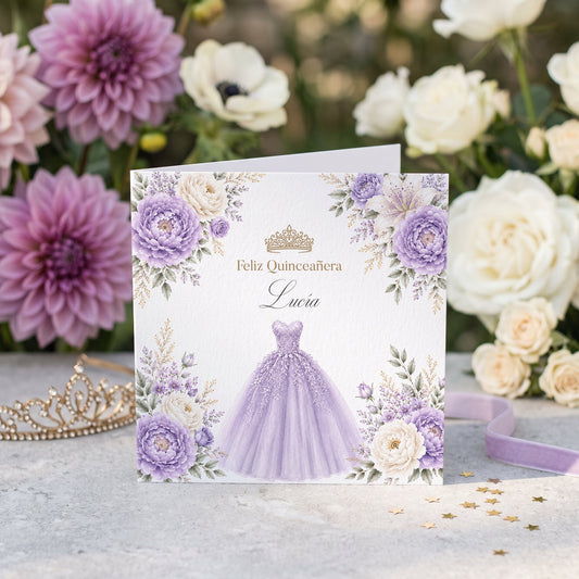 Lavender Floral Ball Gown Quinceañera Card - Pretty Gifted