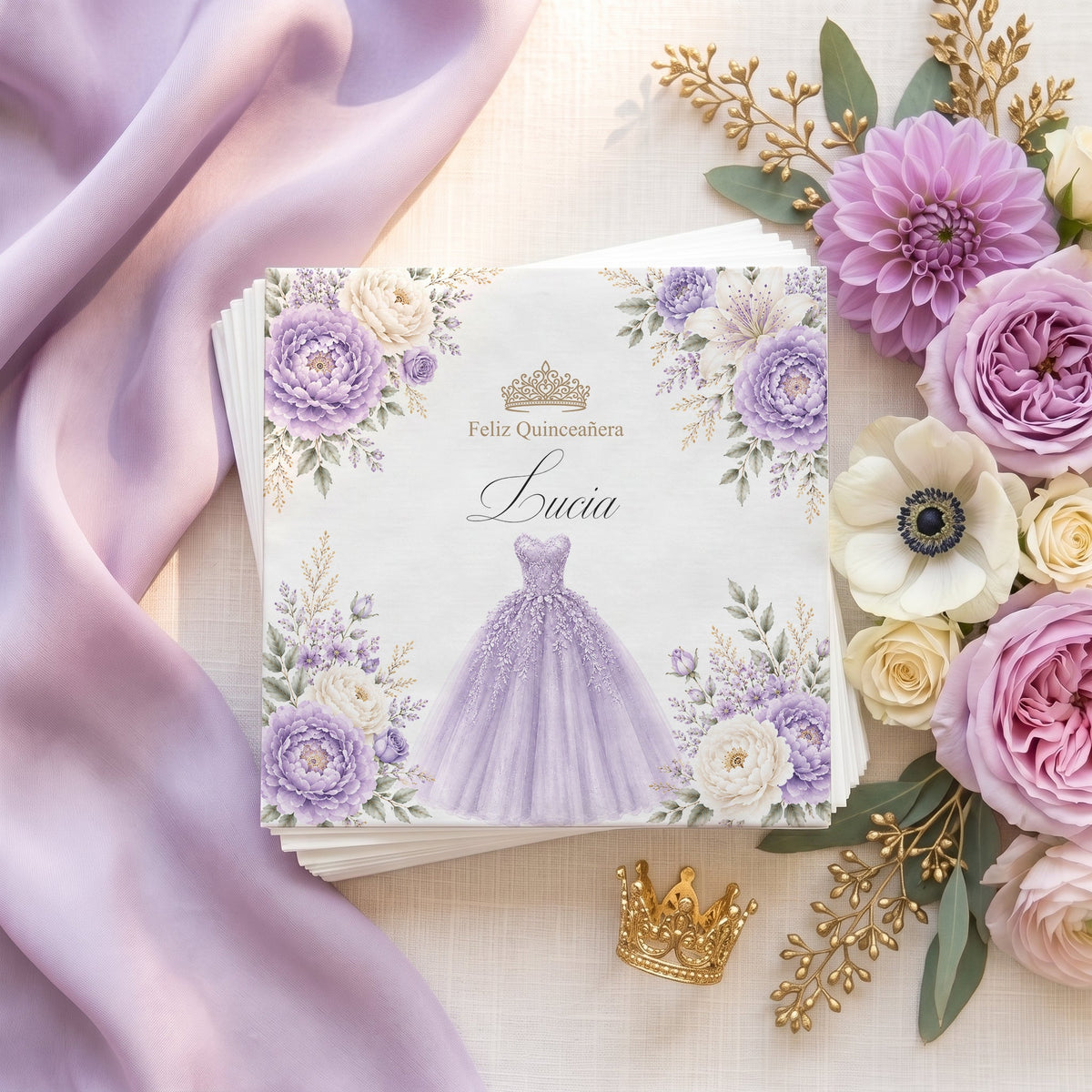 Lavender Floral Quinceañera Napkins with Ball Gown - Pretty Gifted