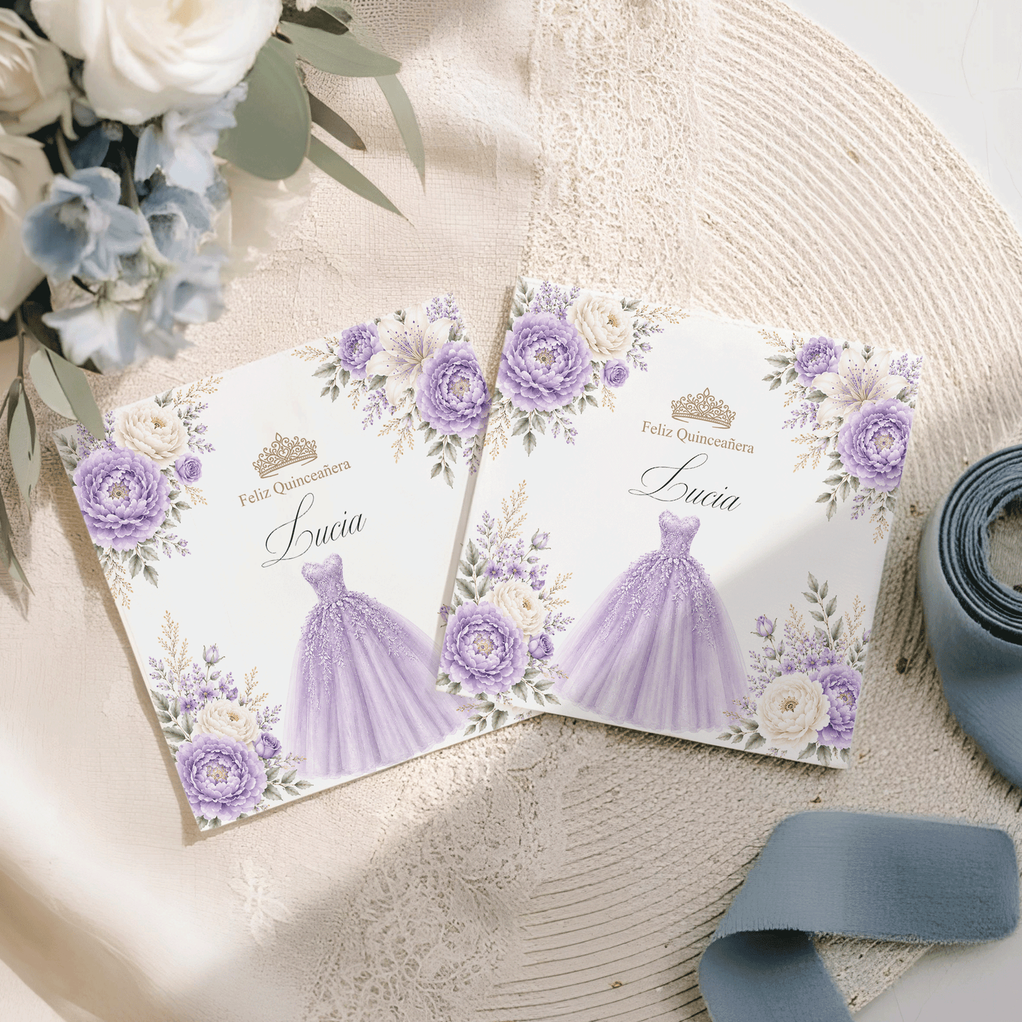 Lavender Floral Quinceañera Napkins with Ball Gown - Pretty Gifted